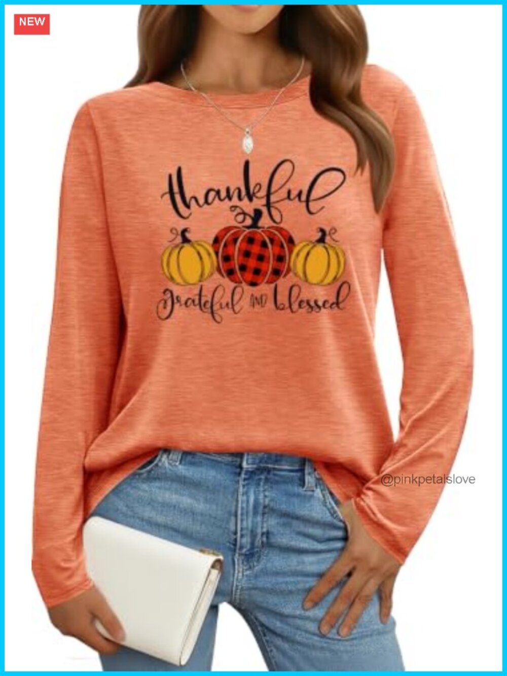 Thanksgiving Long Sleeve Pullover Top Pumpkin Plaid Thankful Grateful Blessed